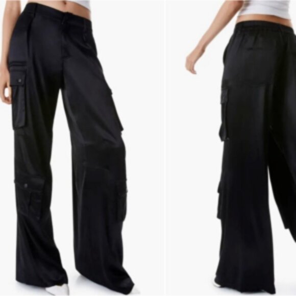 Alice + Olivia Pants - Alice & Olivia Joette Satin Slouchy Cargo Pants Wide Leg Relaxed Black Size 2